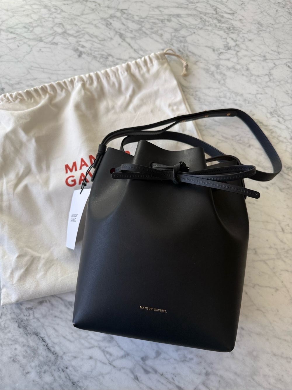 Mansur Gavriel Black Leather Mini Bucket Bag with Drawstring